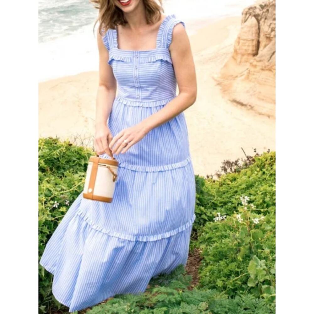 GAL MEETS GLAM Courtney Striped Dress Blue/White Layered Ruffle Flowy Size 6